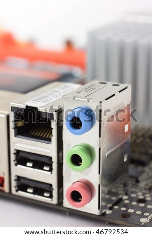 USB, LAN, Ethernet and Audio (Line-in, Line-Out, Microphone) ports on the computer mainboard