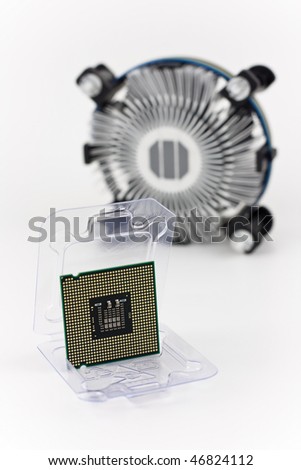 computer processor in packing and CPU fan out of focus