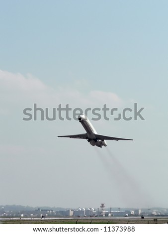 commercial jet taking off the runway from Reagan National Airport in Washington, DC. copy space included