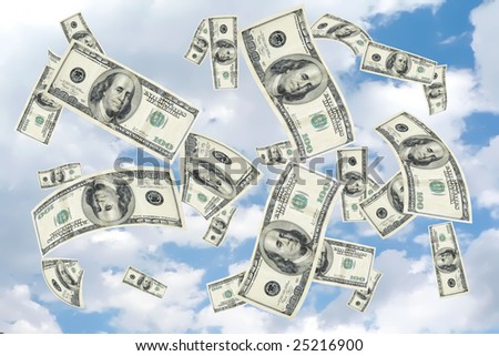 concept image with copy and cropping space depicting a money shower of 100 hundred dollar bills falling from a cloudy blue sky