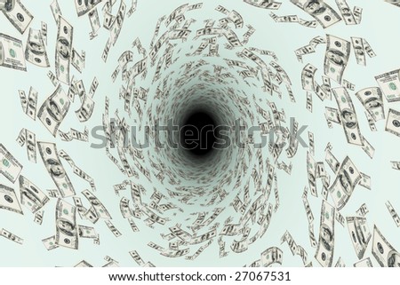 concept image with copy and cropping space depicting a money vortex of 100 hundred dollar bills