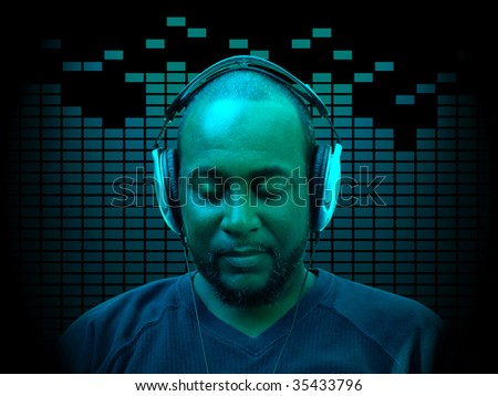 concept photo of a forty something year old african american man wearing headphones while listening to music with equalizer spectrum in the background
