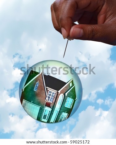 Housing market bubble burst concept photo with composition of home floating in a bubble towards a hand holding a pin depicting the fragility of the housing market. The house photo has been altered!
