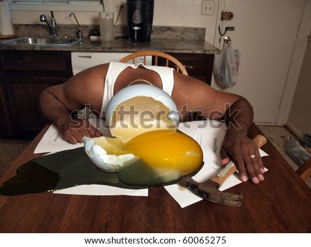 depressed african american man with egg for a head that committed suicide while under stress of his financial debt