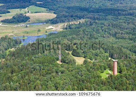 aerial view over the sightseeing tower and the hill