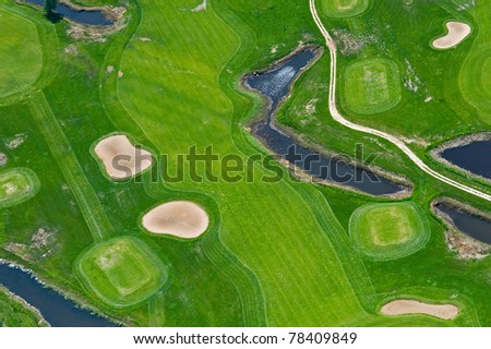 Aerial view of golf course and water