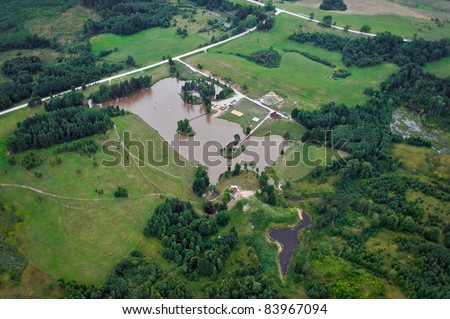 aerial view over three island guest house at the pond