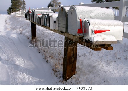 Row of mail boxes in early winter Idaho
