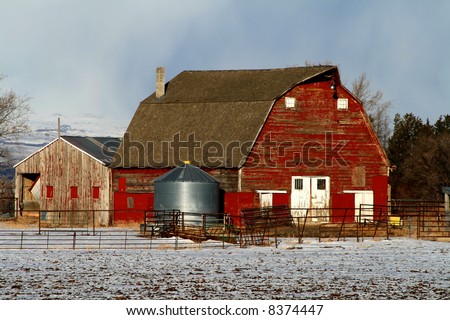Red barn in early winter in south central Idaho