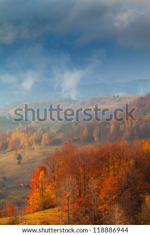 Beautiful autumn scenery in a remote mountain location, on a sunny day