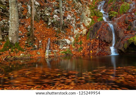Beautiful autumn foliage, waterfalls and reflection patterns in mountain stream in the forest