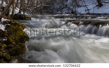 White water river flowing in the mountains in early spring