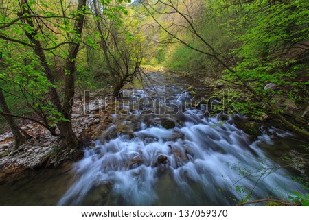 Pristine silky stream and waterfalls in limestone mountains in spring