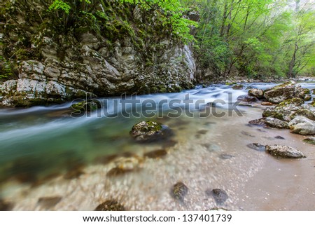 Waterfalls and mountain stream in the forest in spring in the Transylvania Alps