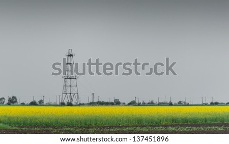 Oil and gas rig profiled over canola rural field