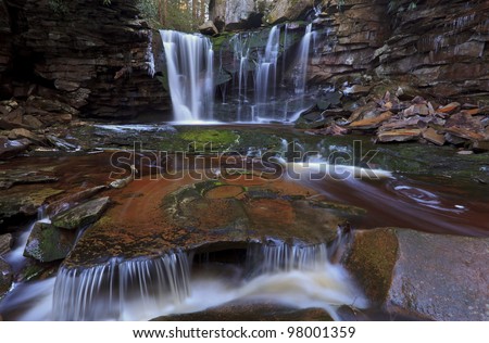 Waterfalls, tannin colored stream and rocks in the Appalachians