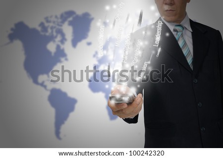 Business Man hold smartphone send the business data