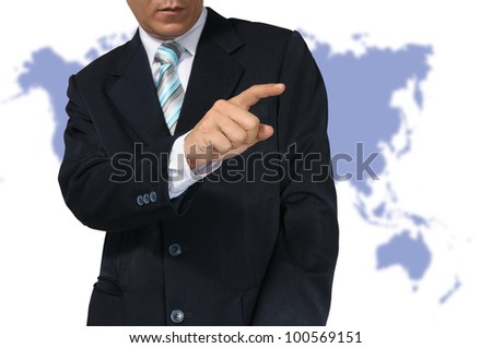 Hand of Business Man touch Transparent PC interface on white background