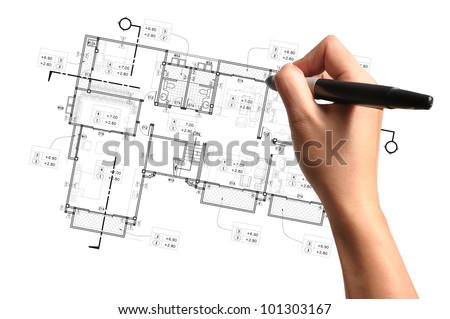 Hand of Business Man Draw architect or home plan