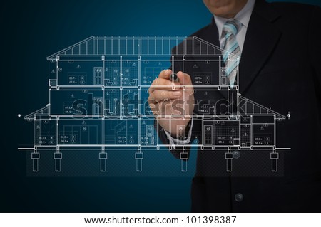 Hand of Business Man Draw architect or home plan