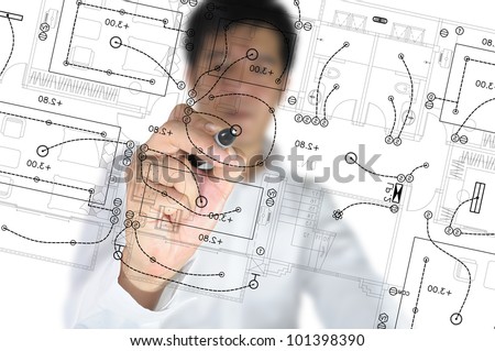 Hand of Business Man Draw architect or home with electrical plan