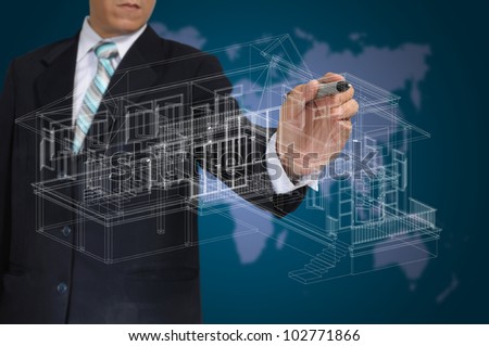 Hand of Business Man Draw 3D architect or home plan