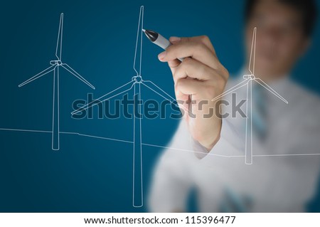 Hand of Business Man Draw Turbine Power Generator