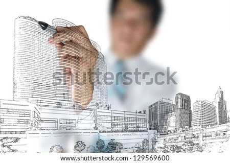 Business Man or architect draw building and cityscape Business Man or architect draw building and cityscape
