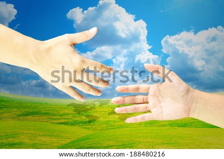 Two female hands about to shake hands, over white background