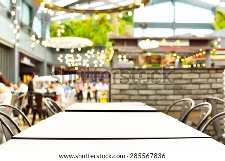 Blur or Defocus Background with bokeh light of empty Table in coffee shop