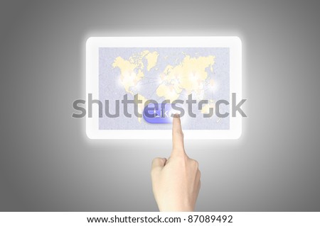hand pushing like button on tablet pc