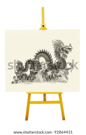 Drawing art board with easel or holder and Dragon image.  Clipping path included