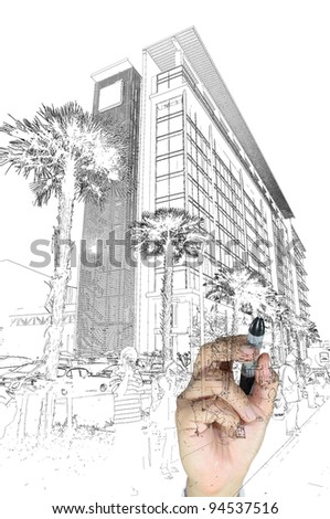 Hand of business man draw building and cityscape