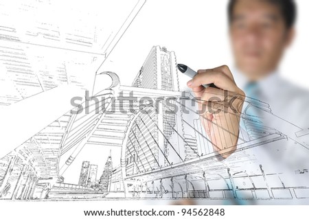 Hand of business man draw building and cityscape Hand of business man draw building and cityscape
