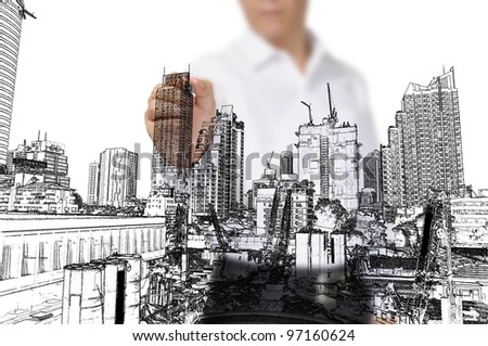 Business Man Drawing building and seascape