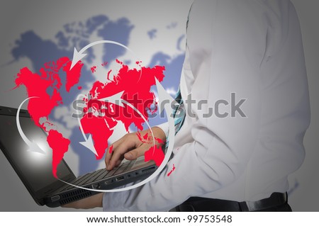 Business man hold laptop with Social network or global network