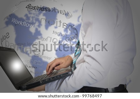 Business Man hold laptop send the business data