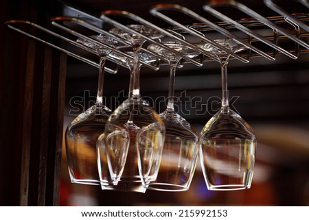 Wine glasses. Dry clean wine glasses in restaurant.