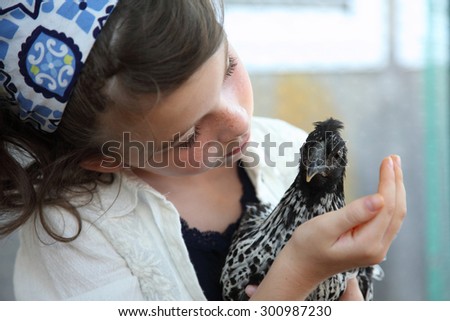 A child with chicken in his arms. The girl feeds a bird from a hand.