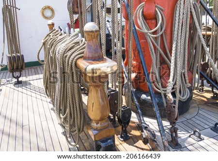 Ropes on deck of an old tall-ship