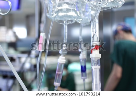 drip system and a plastic bag with the medicine in a hospital. photo