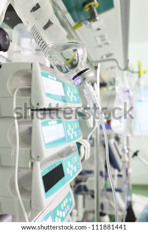 medical devices, drip infusion sets, and other equipment in operation.