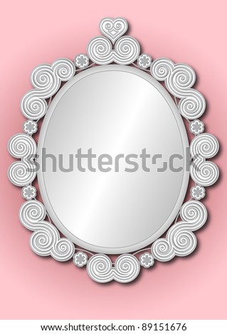 ornate silver white framed mirror on pink background