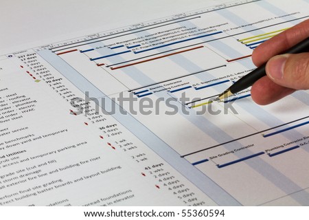 Detailed Gantt Chart showing Tasks, Resources and Notes. Includes a pen being held by a man on the right.