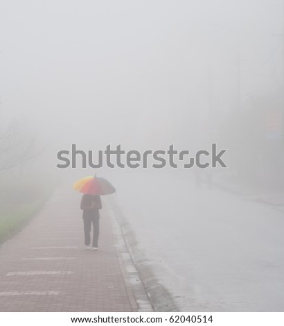 Human figure with umbrella walking in the mist