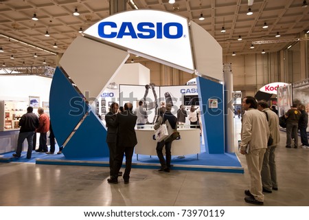 MILAN - MARCH 25: Casio stand at Photoshow 2011 in Milan Fair on March 25, 2011 in Milan, Italy. This year Photoshow hosts about 300 exhibitors of all the most important firms of the photography business