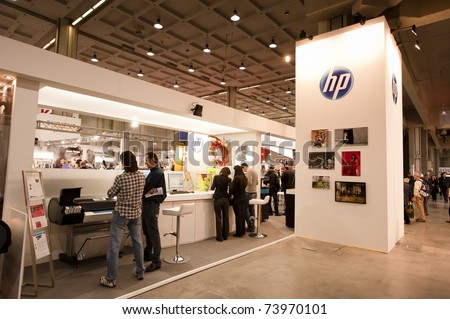 MILAN - MARCH 25: HP stand at Photoshow 2011 in Milan Fair on March 25, 2011 in Milan, Italy. This year Photoshow hosts about 300 exhibitors of all the most important firms of the photography business