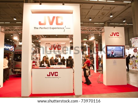 MILAN - MARCH 25: JVC stand at Photoshow 2011 in Milan Fair on March 25, 2011 in Milan, Italy. This year Photoshow hosts about 300 exhibitors of all the most important firms of the photography business