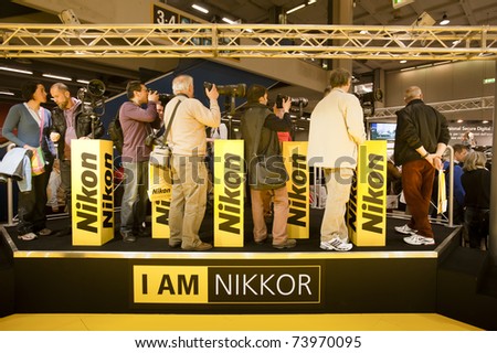 MILAN - MARCH 25: Nikon stand at Photoshow 2011 in Milan Fair on March 25, 2011 in Milan, Italy. This year Photoshow hosts about 300 exhibitors of all the most important firms of the photography business