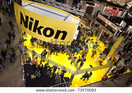 MILAN - MARCH 25: Nikon stand at Photoshow 2011 in Milan Fair on March 25, 2011 in Milan, Italy. This year Photoshow hosts about 300 exhibitors of all the most important firms of the photography business